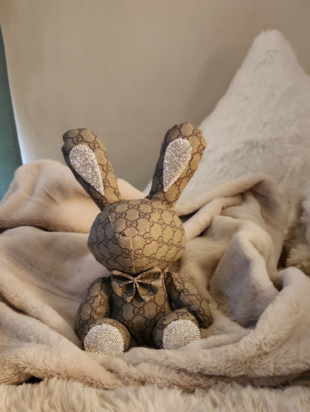 Luxury Brown Patterned Bunny Plush with Crystal Accents
